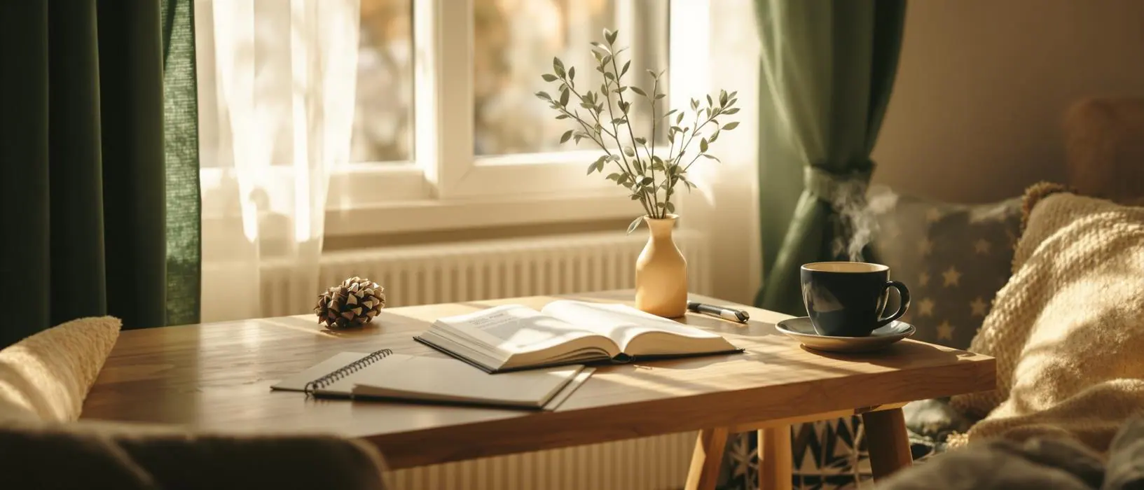 Cozy reading corner with notebooks