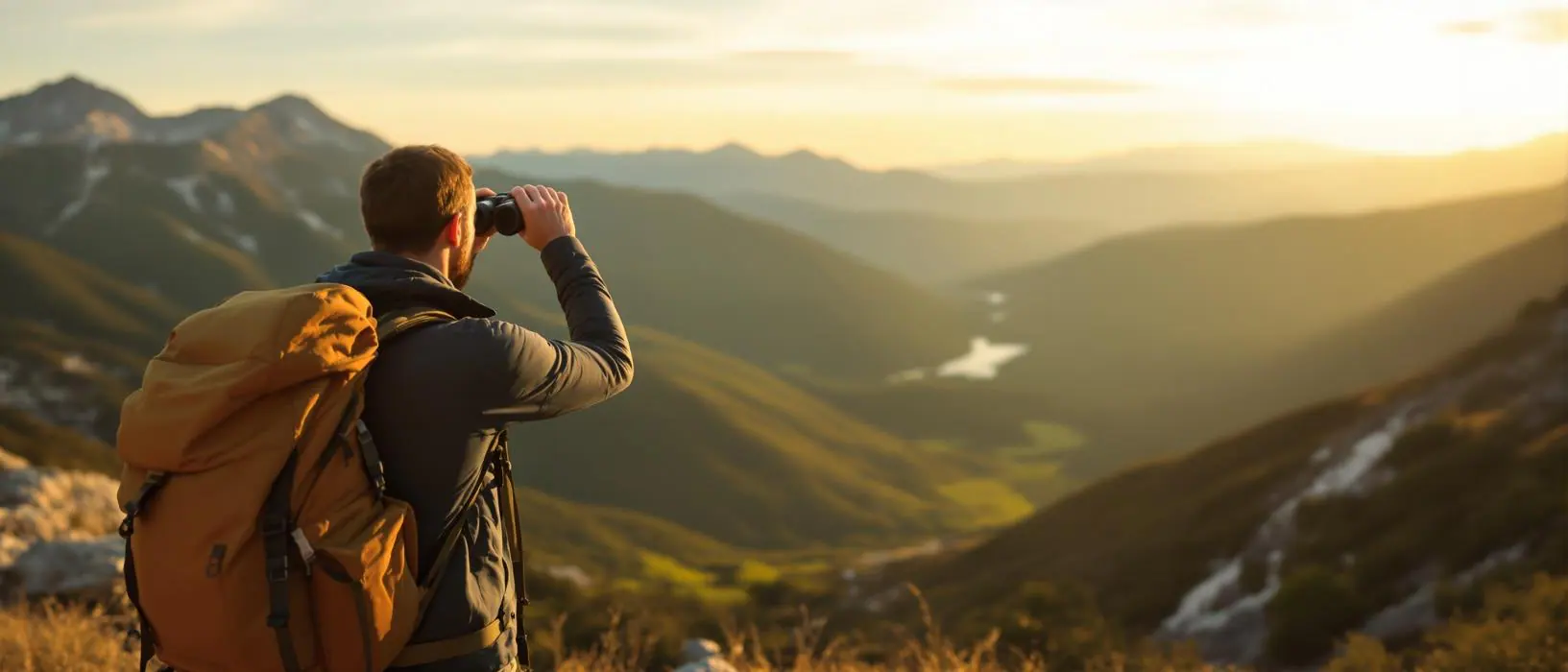 Hiker holding binoculars on a mountain overlook