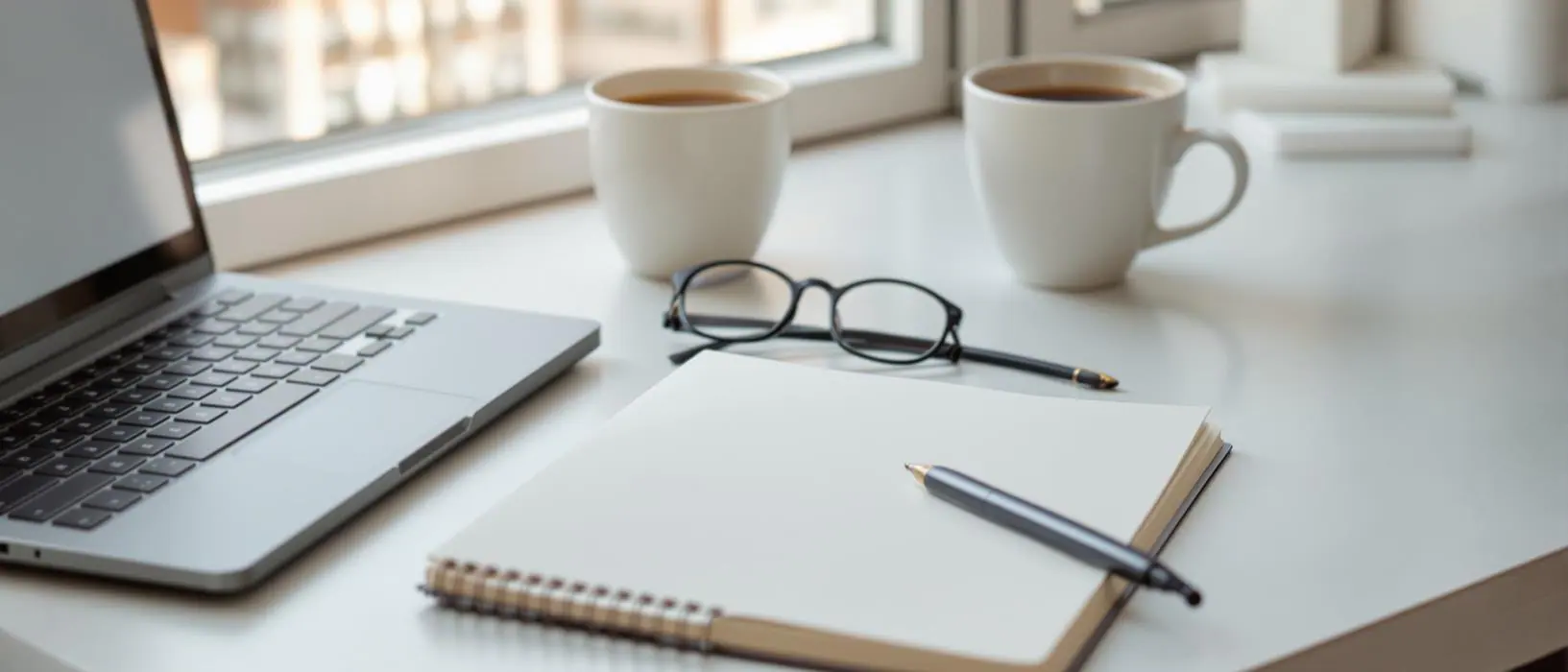 Clean desk with notebook, eyeglasses and laptop